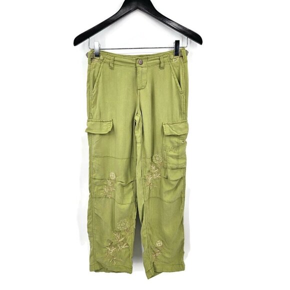 NWOT Da-Nang Green Silk Utility Capri Pants Womens XS Cargo Pockets Embroidered - Picture 1 of 5